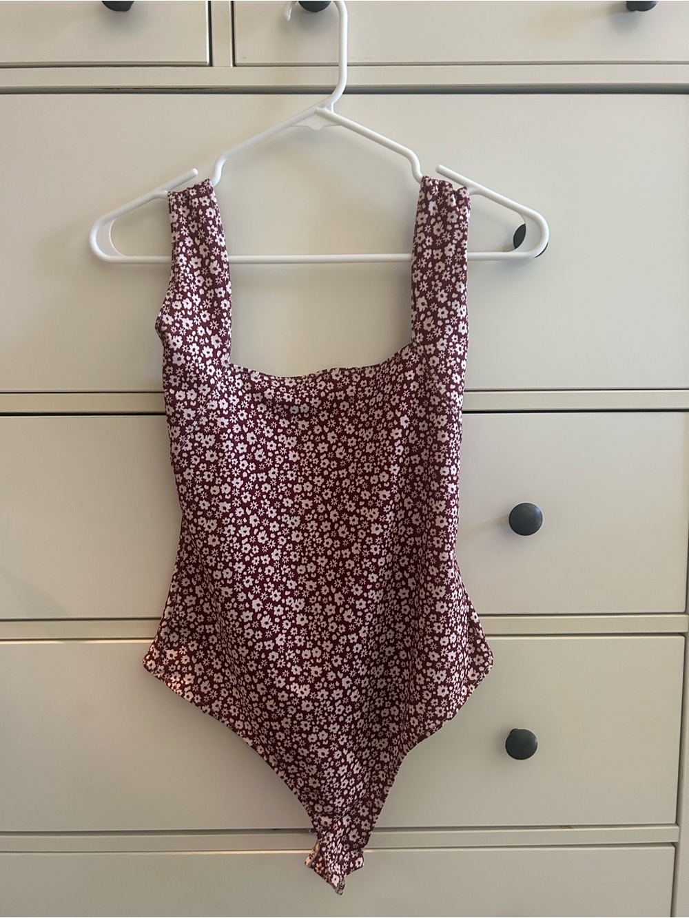 Free People Maroon Floral Square-Neck Bodysuit